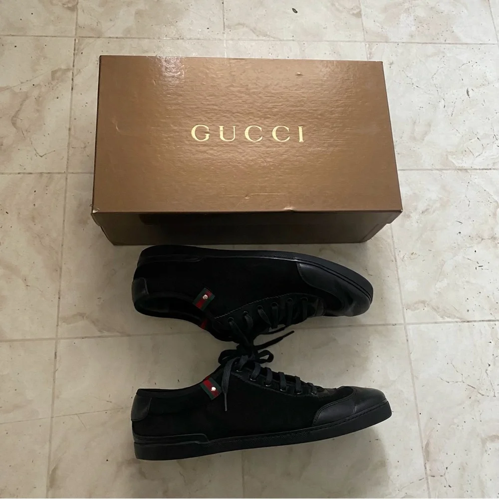 $985 Gucci Made in Italy Black Leather Suede Low Top Men's Sneakers Size 9G